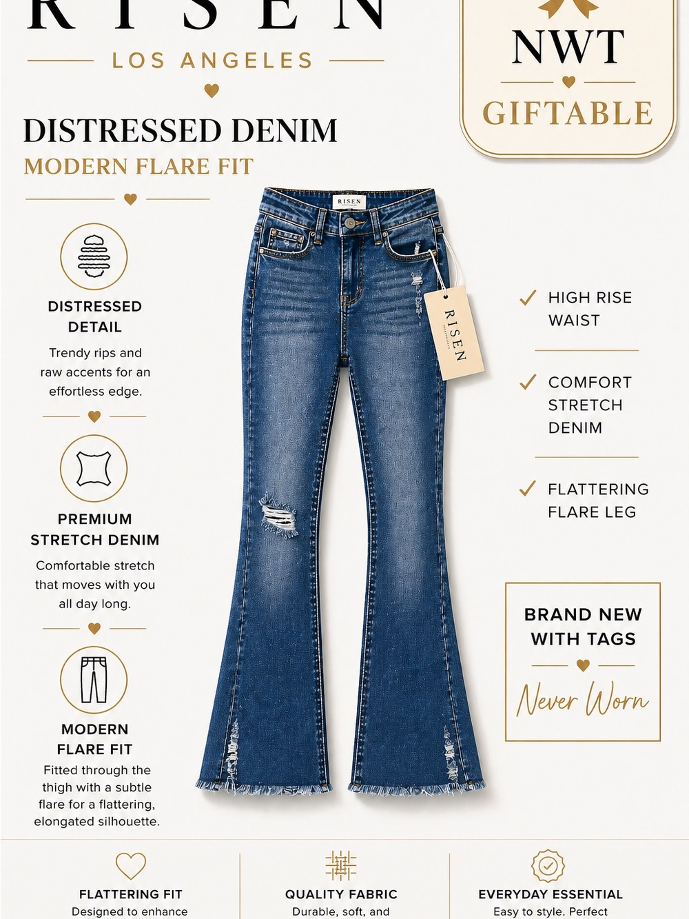 NWT Risen Los Angeles Distressed Flare Jeans Size 7/28 High Rise Raw Hem Gift